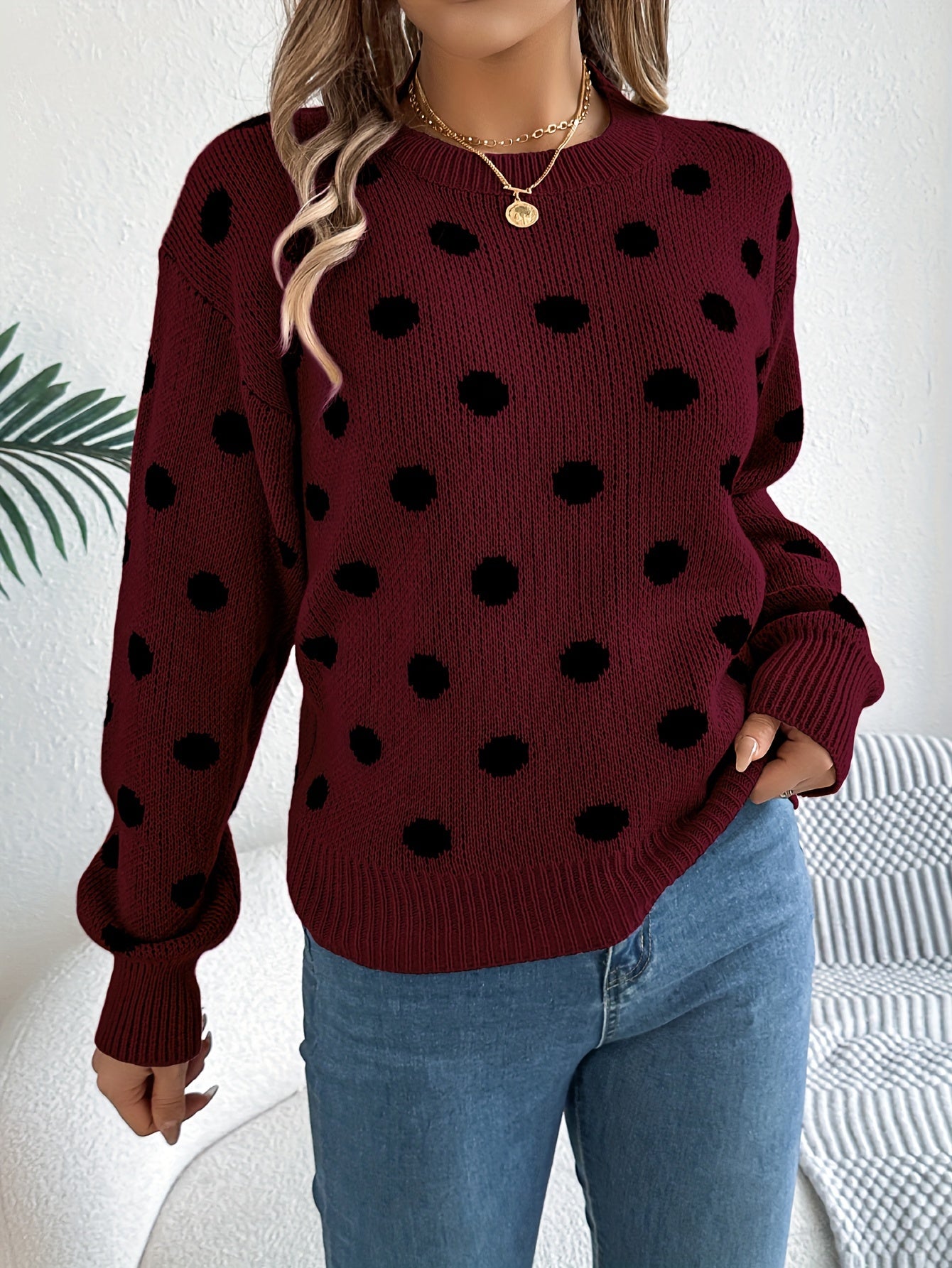 Women's Autumn Winter Knit Long Sleeve Crew Neck Sweater With Dot Pattern, Soft Acrylic Fabric, Elegant Casual Wear