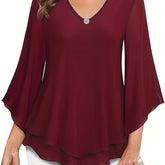 Solid Color V-neck Blouse, Casual Flare Sleeve Layered Hem Top For Spring & Fall, Women&