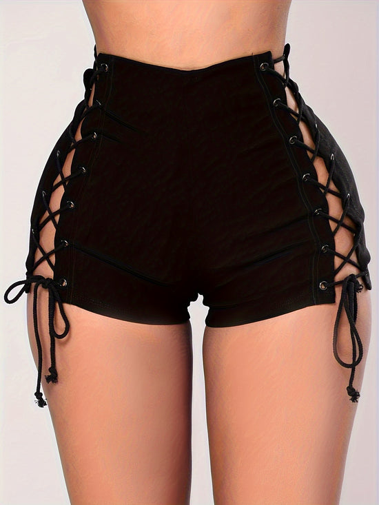 High Waist Lace Up Shorts, Sexy Solid Color Skinny Shorts For Spring & Summer, Women&