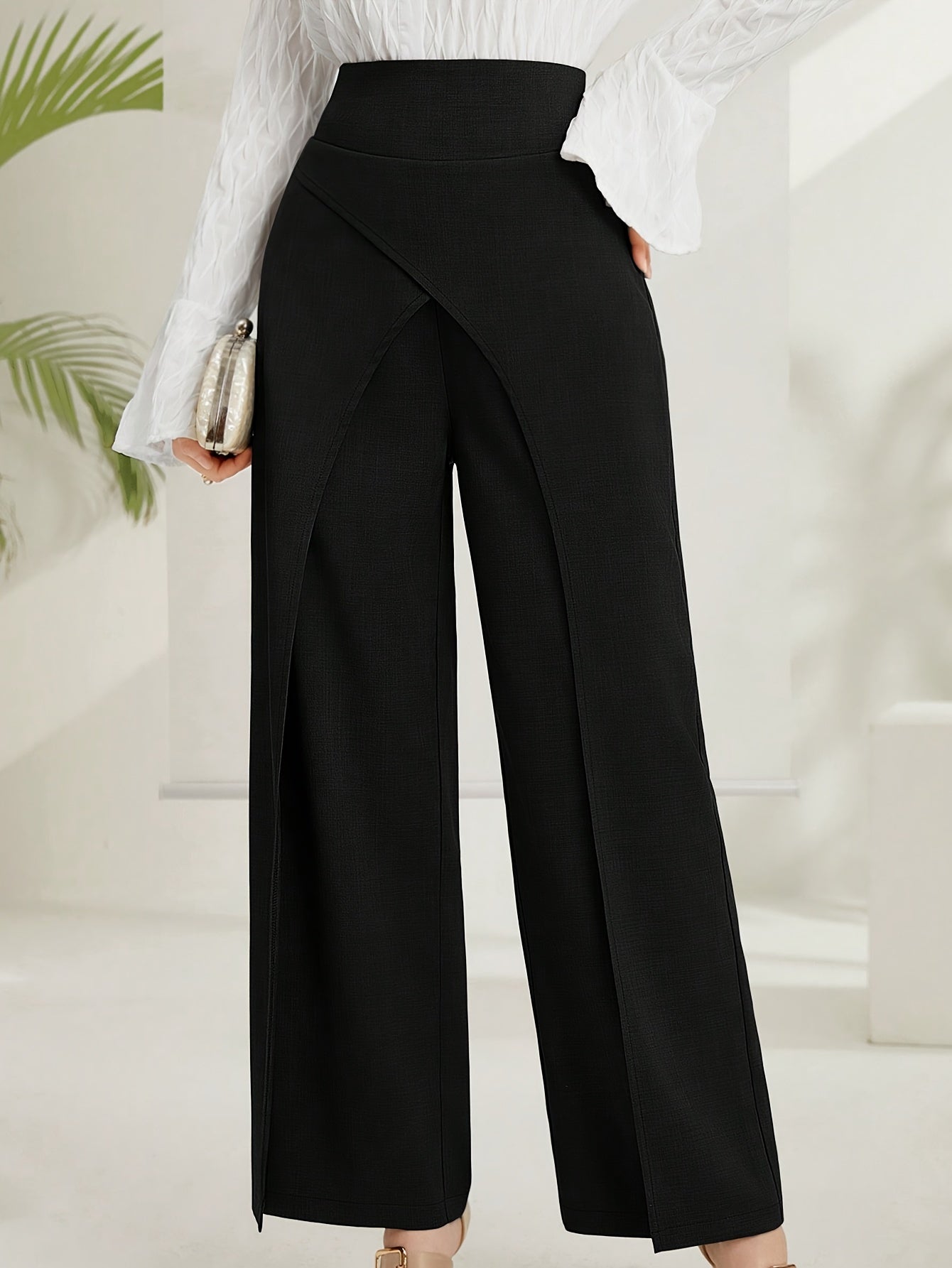 Solid Wide Leg Layered Pants, Elegant High Waist Loose Pants For Spring & Summer, Women&
