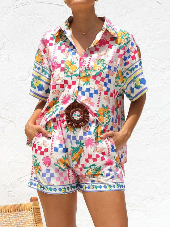Printed Button Down Short Sleeve Top and Shorts Set - MyEmpired