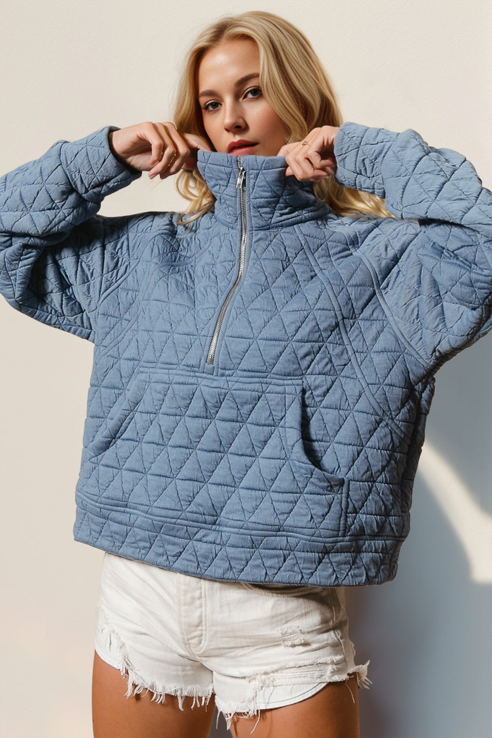Double Take Half Zip Long Sleeve Quilted Sweatshirt with Pocket - MyEmpired