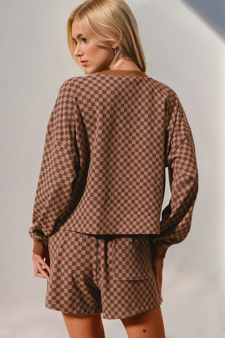 Double Take Checkered Half Button Top and Shorts Set - MyEmpired