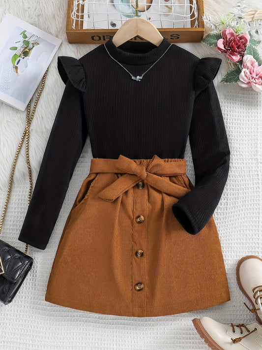 Girl's Casual 2pcs, Ribbed Long Sleeve Top & Belted Corduroy Skirt Set, Button Decor Outfits, Kids Outdoor Clothes For Spring Autumn