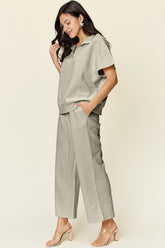 Double Take Full Size Texture Half Zip Short Sleeve Top and Pants Set - MyEmpired
