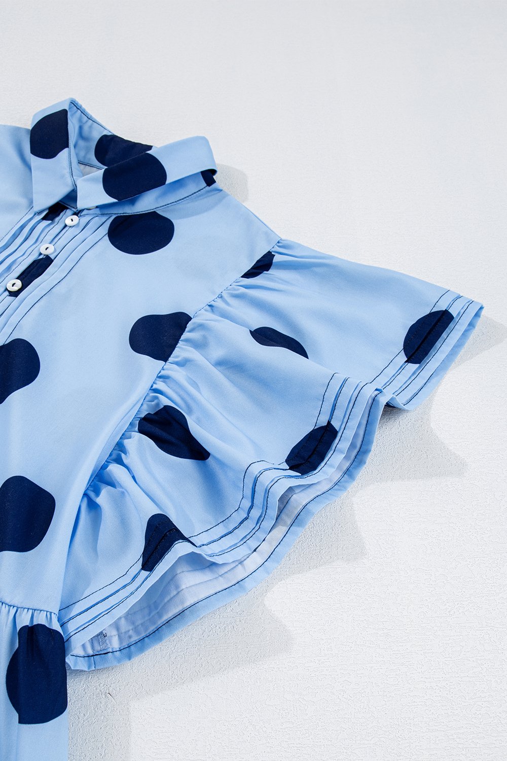 Polka Dot Print Ruffled Short Sleeve Buttoned Collared Blouse - MyEmpired