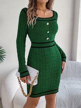 Elegant Striped Knit Bodycon Dress with Button Detail - Square Neck, Long Sleeve, Perfect for Fall & Winter - Women&