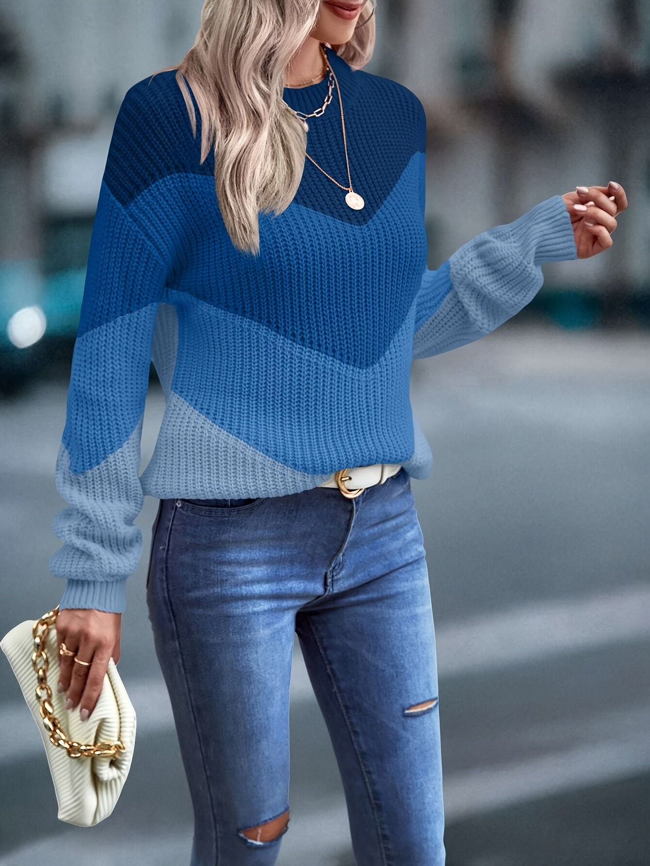 Color Block Crew Neck Sweater, Casual Long Sleeve Sweater For Fall & Winter, Women's Clothing