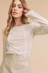 Aemi + Co Ruched Front Round Neck Long Sleeve T-Shirt - MyEmpired