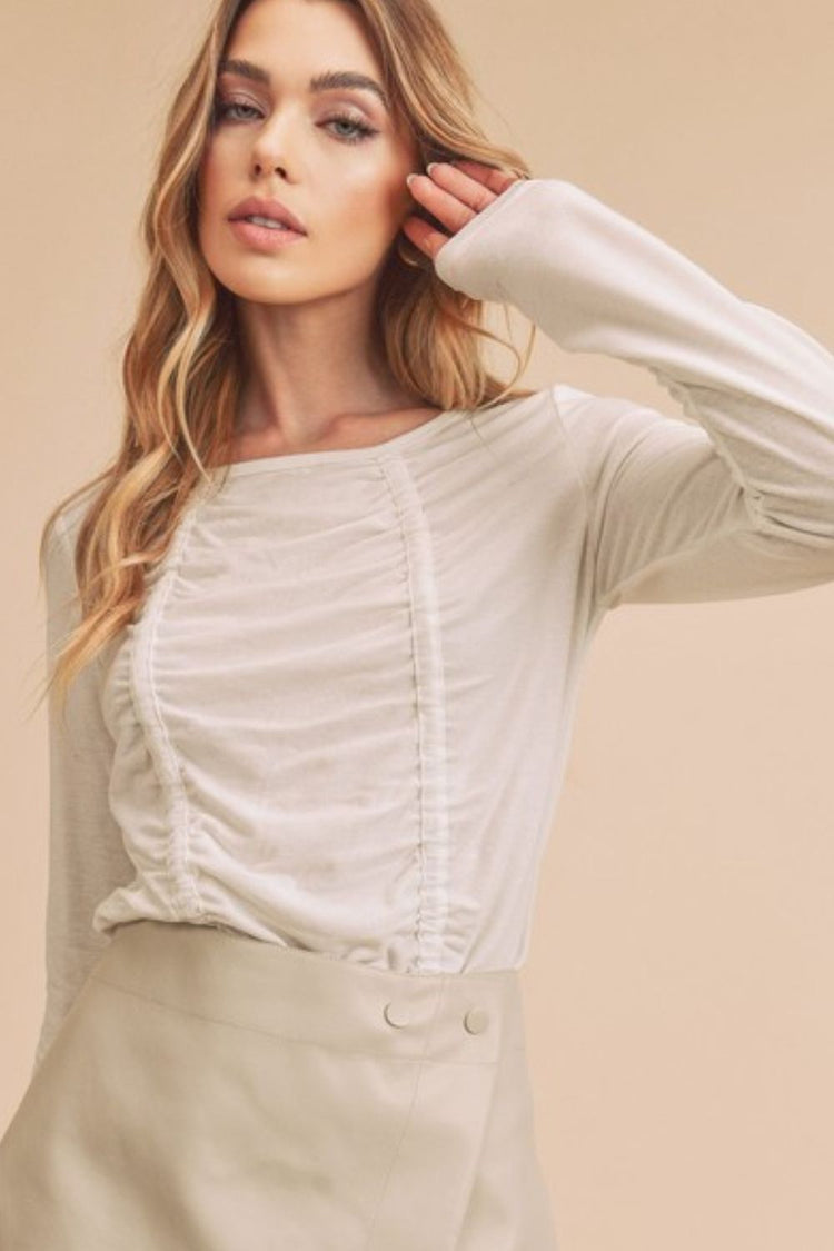 Aemi + Co Ruched Front Round Neck Long Sleeve T-Shirt - MyEmpired