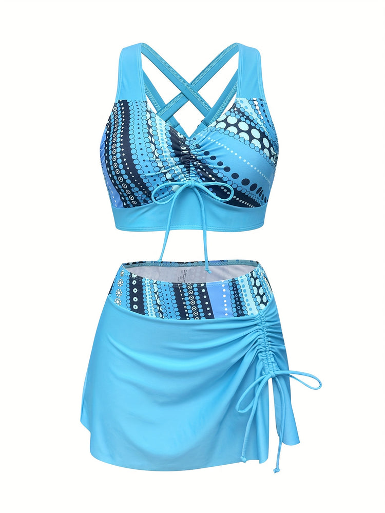 Polka Dot Print 3 Piece Set Tankini, V Neck Drawstring Front High Cut With Cover Up Skirt Swimsuits, Women&