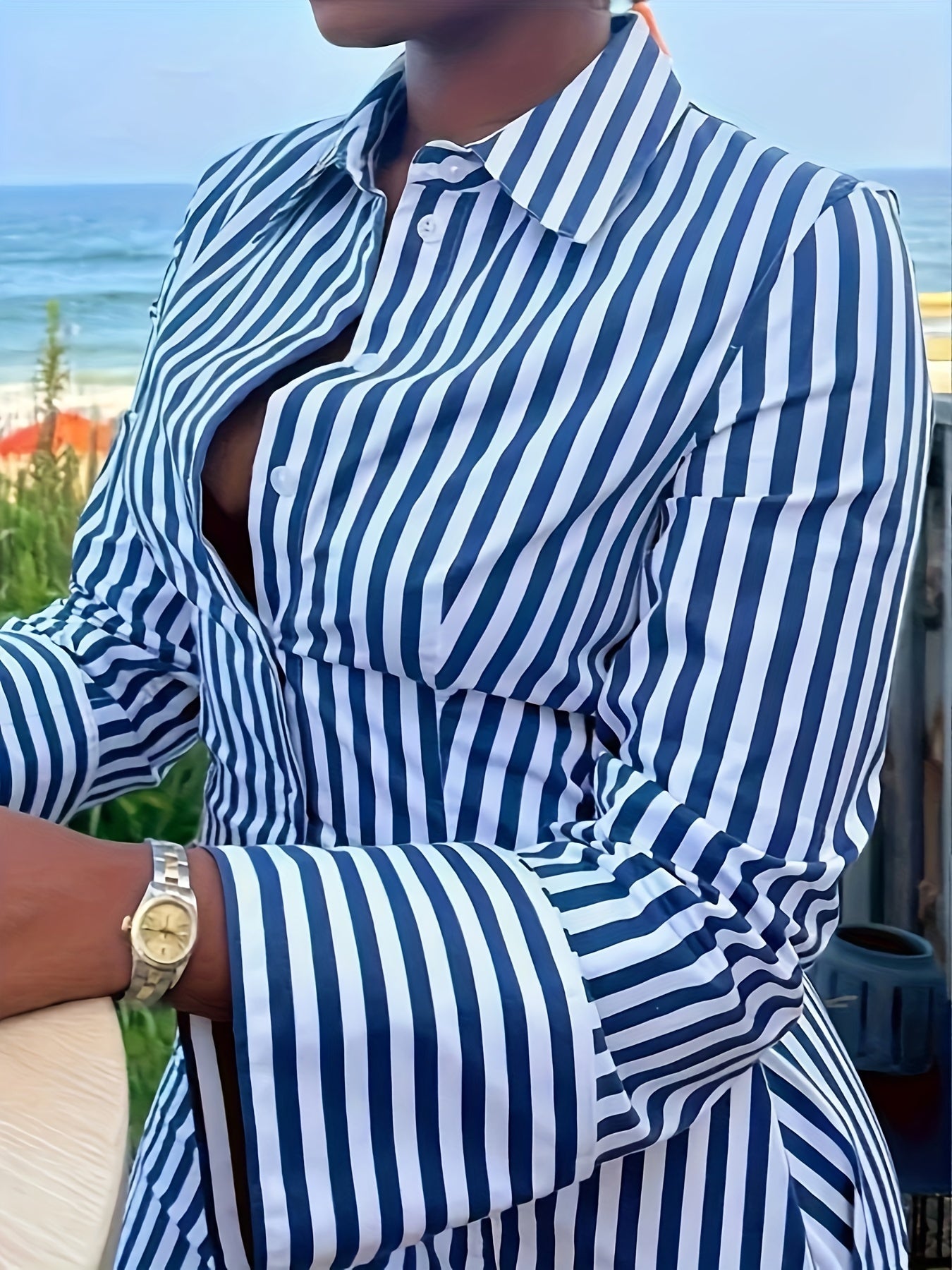 Chic Striped Shirt Dress with Side Pockets