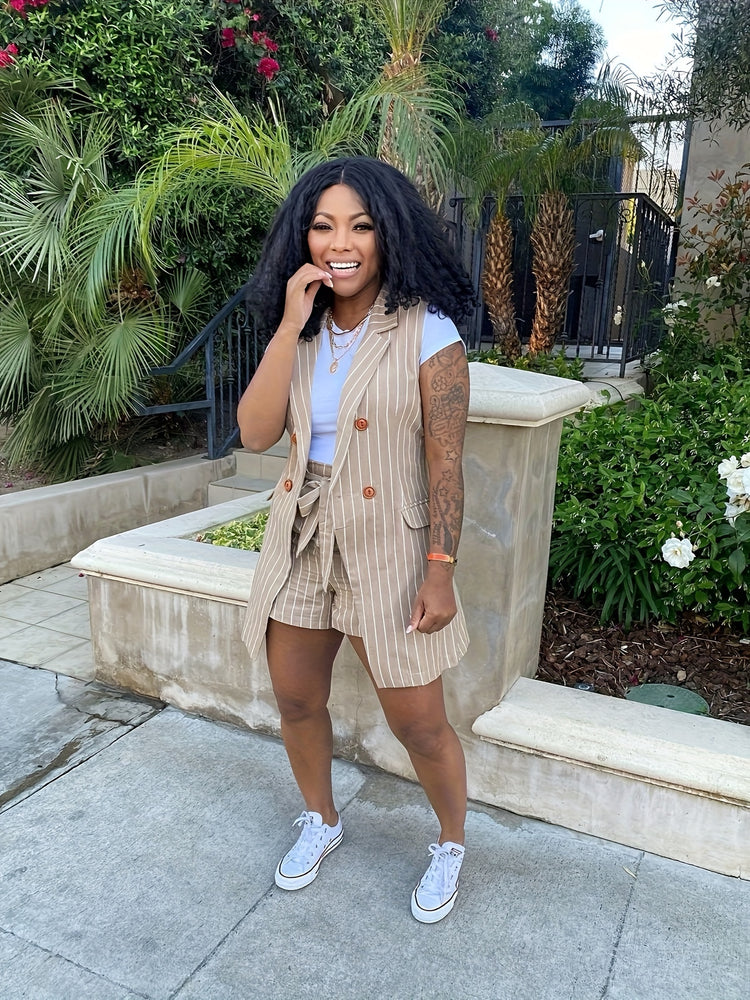 Elegant Striped Print Two Pieces, Double-Breasted Lapel Collar Sleeve Vest & Paper Bag Waist Belted Shorts Outfits, Women&