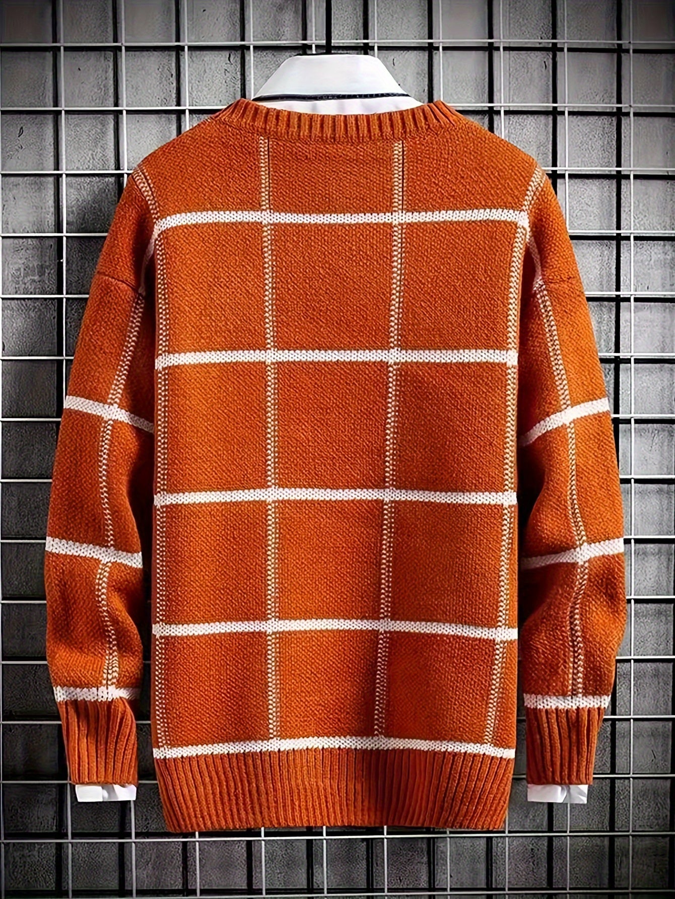 Men's Stylish Plaid Crew Neck Sweater, All-match Long Sleeve Top, Relaxed Fit, Perfect For Autumn And Winter