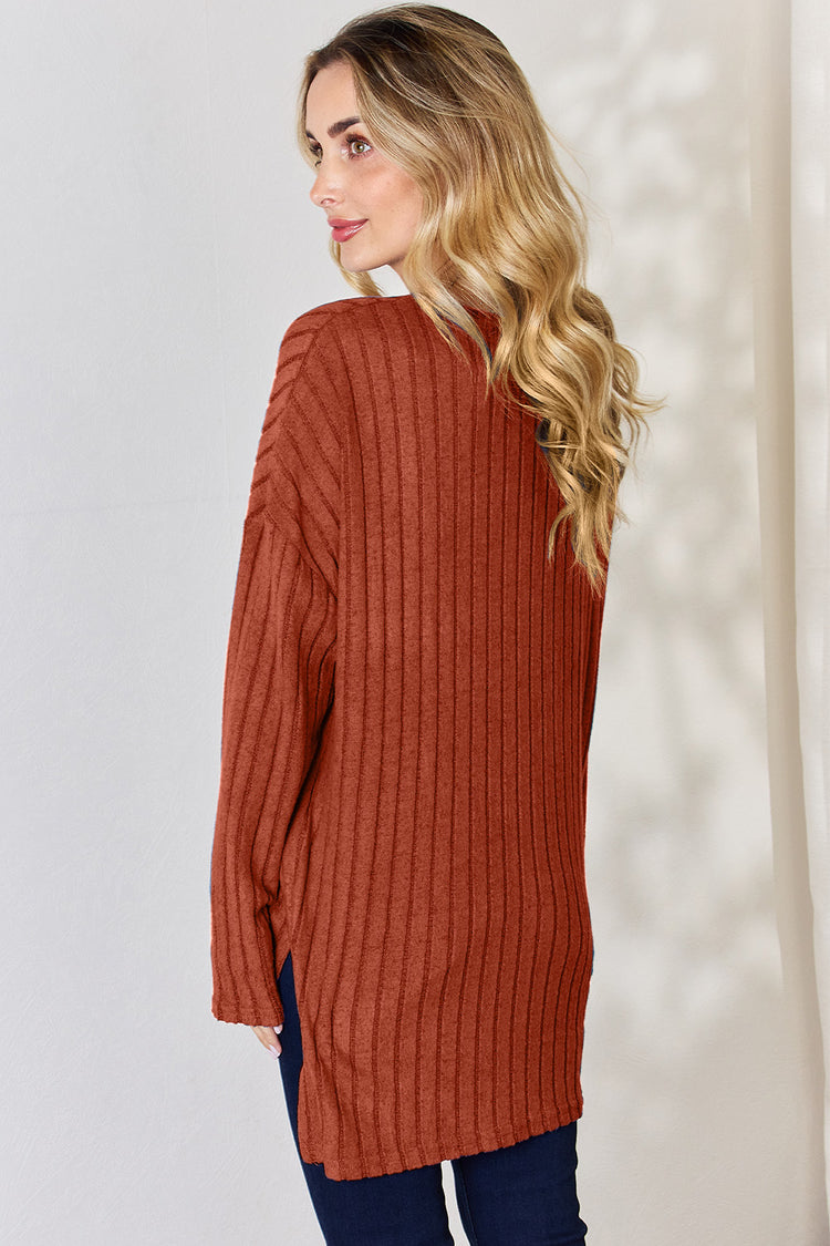 Basic Bae Full Size Ribbed Half Button Long Sleeve High-Low T-Shirt - MyEmpired
