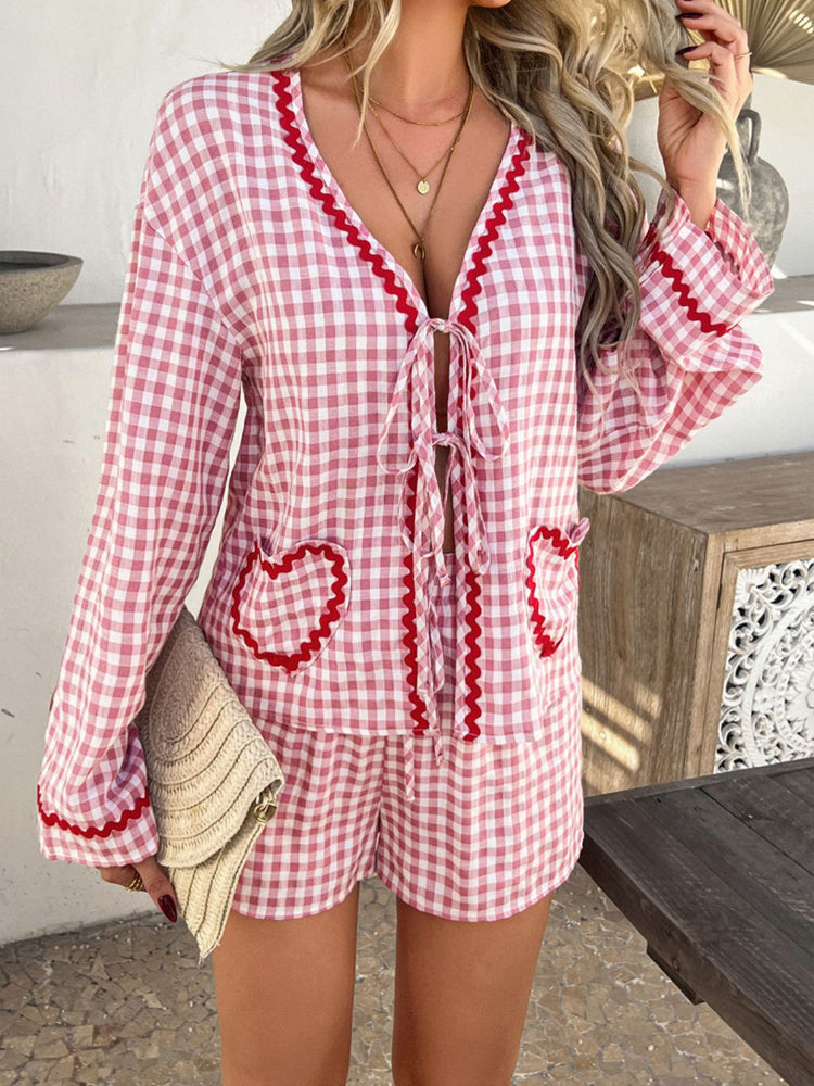 Devine Tie Front Contrast Plaid Shirt and Shorts Set - MyEmpired