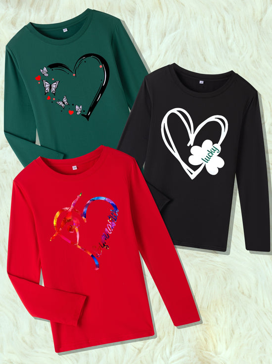 Heart Graphic Print 3pcs Crew Neck Long Sleeve T-shirts, Girls&