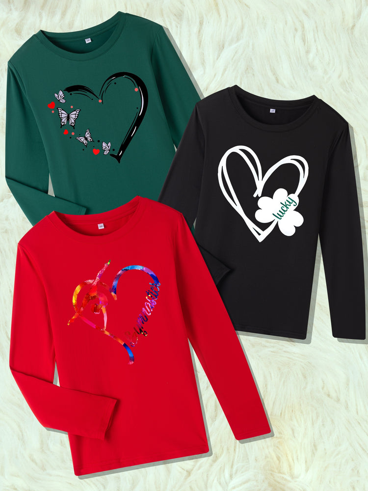 Heart Graphic Print 3pcs Crew Neck Long Sleeve T-shirts, Girls&