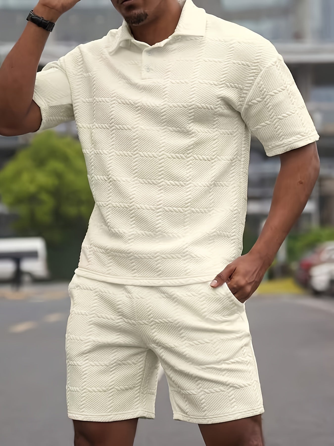 2-piece Men's Solid Textured Design Summer Outfit Set