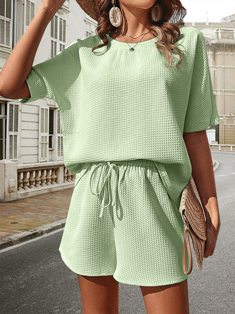 Waffle-Knit Half Sleeve Top and Shorts Set - MyEmpired