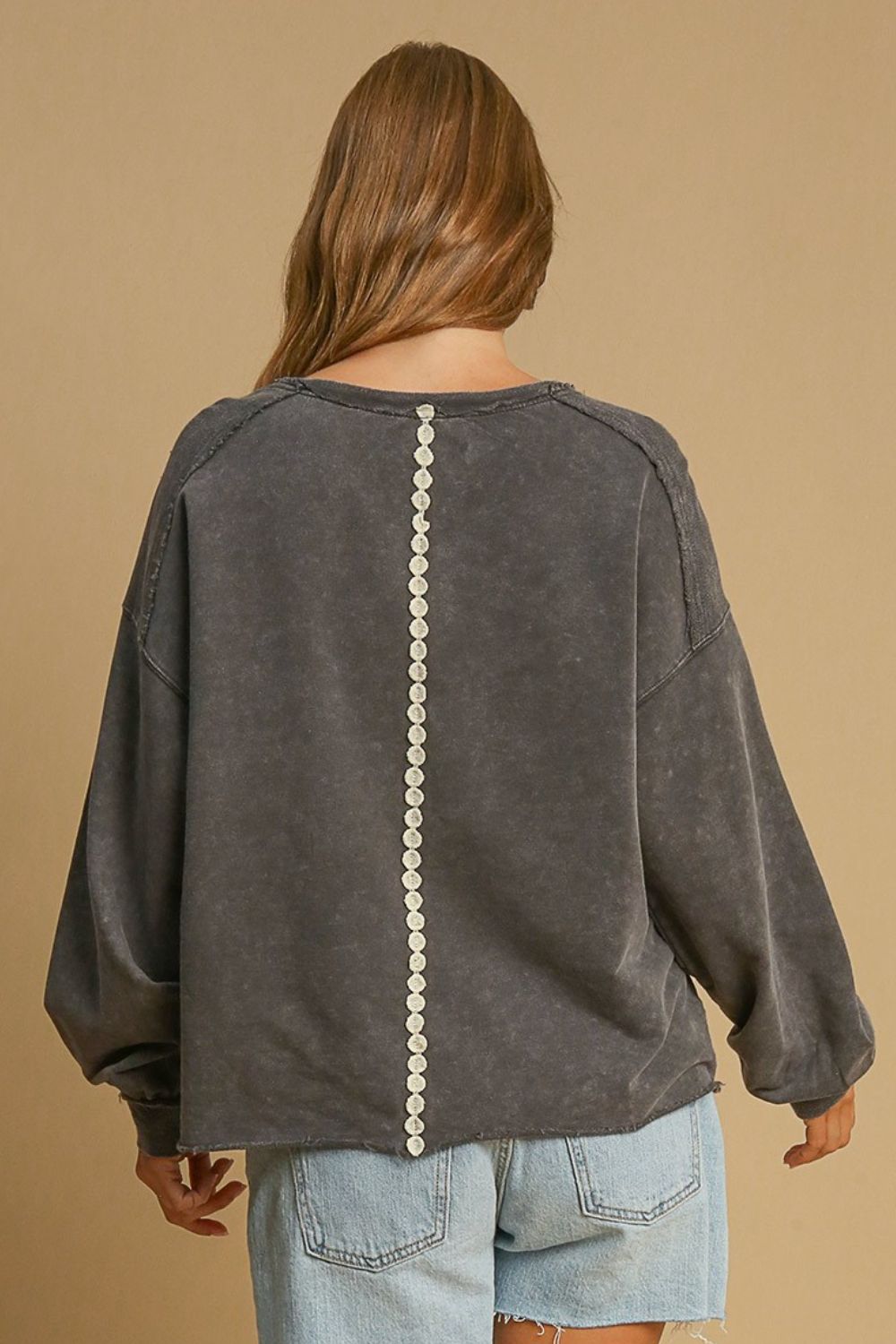 Umgee Full Size Peace Lace Applique Mineral Wash Sweatshirt Plus Size - MyEmpired