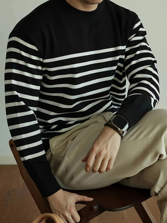 Men's Striped Knitted Pullover, Long Sleeve Crew Neck Sweater For Fall Winter