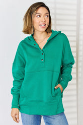 Zenana Half Snap Long Sleeve Hoodie - MyEmpired