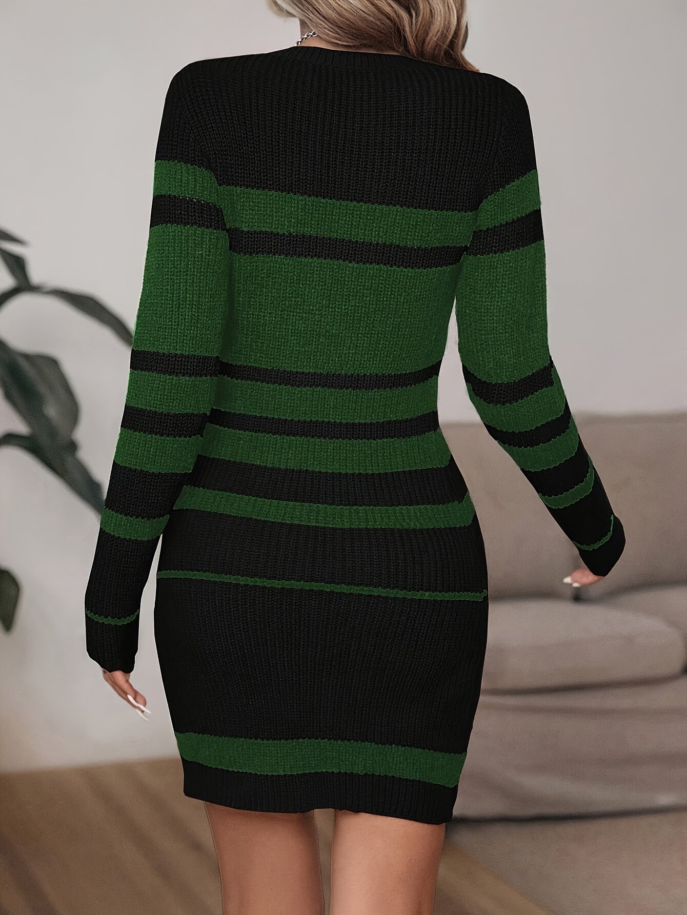 Women's Casual Striped Knit Sweater Dress - Crew Neck Long Sleeve Acrylic Ribbed H-Line Mini Dress