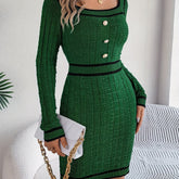 Elegant Striped Knit Bodycon Dress with Button Detail - Square Neck, Long Sleeve, Perfect for Fall & Winter - Women&