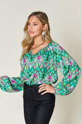 Double Take Full Size Printed Balloon Sleeve Blouse - MyEmpired