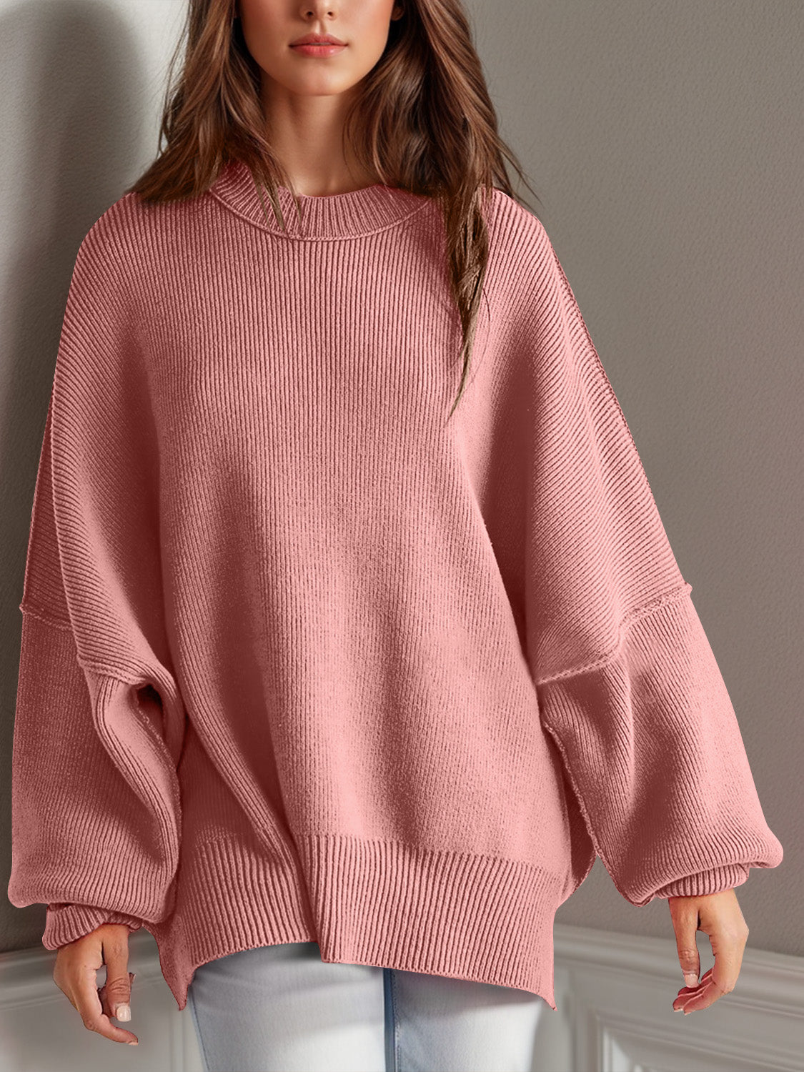 Double Take Side Slit Round Neck Long Sleeve Sweater - MyEmpired