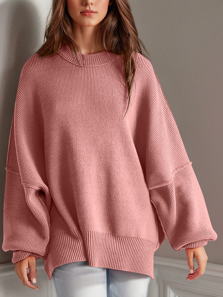 Double Take Side Slit Round Neck Long Sleeve Sweater - MyEmpired