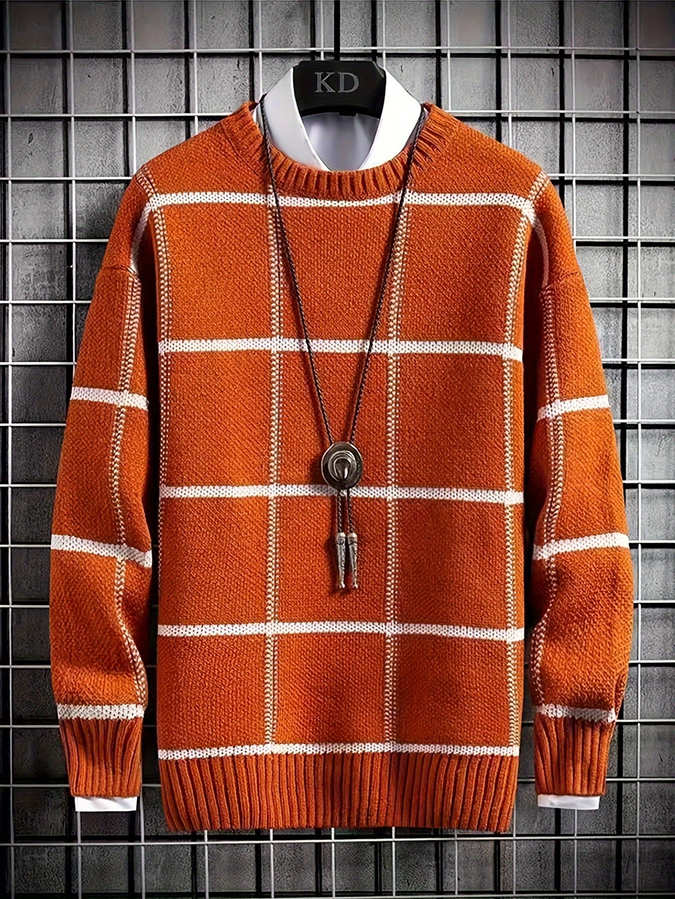 Men's Stylish Plaid Crew Neck Sweater, All-match Long Sleeve Top, Relaxed Fit, Perfect For Autumn And Winter