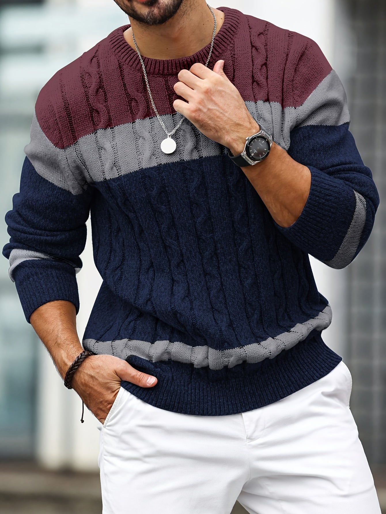 Men's Color Blocking Textured Knit Sweater For Autumn And Winter, Casual Business Trendy Pullover As Gift, Outdoor Cloth