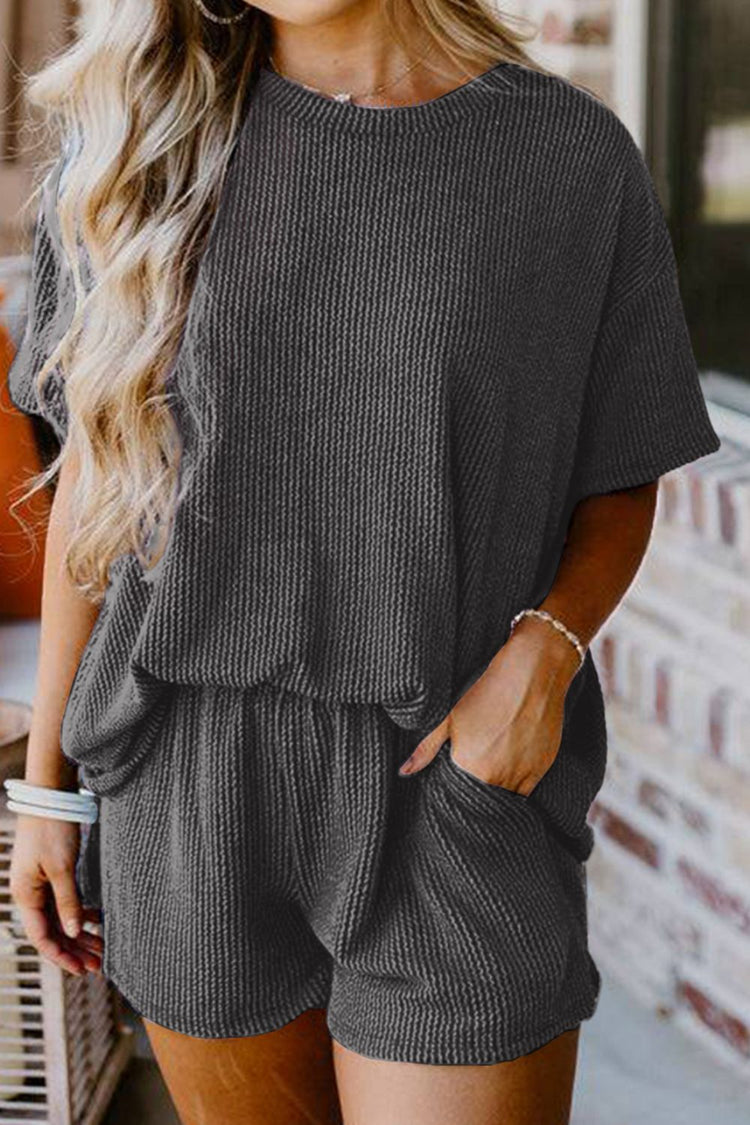 Textured Round Neck Top and Shorts Set - MyEmpired