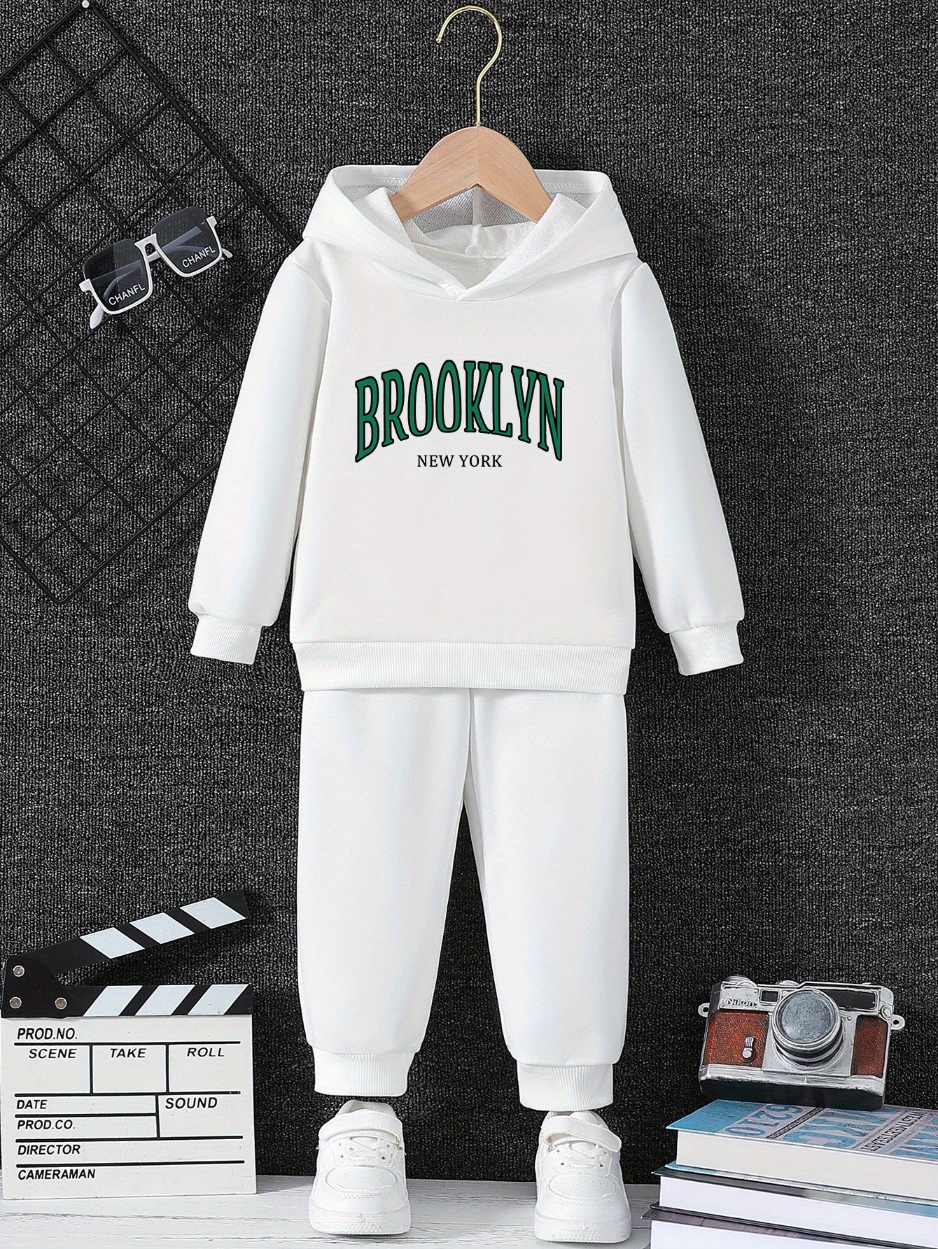 Girls' Brooklyn New York Hoodie Set, 2024 Trendy Letter Print, Casual Sports Fashion, Comfortable Stretch Polyester, Regular Fit, Autumn/Winter Collection, for Outdoor