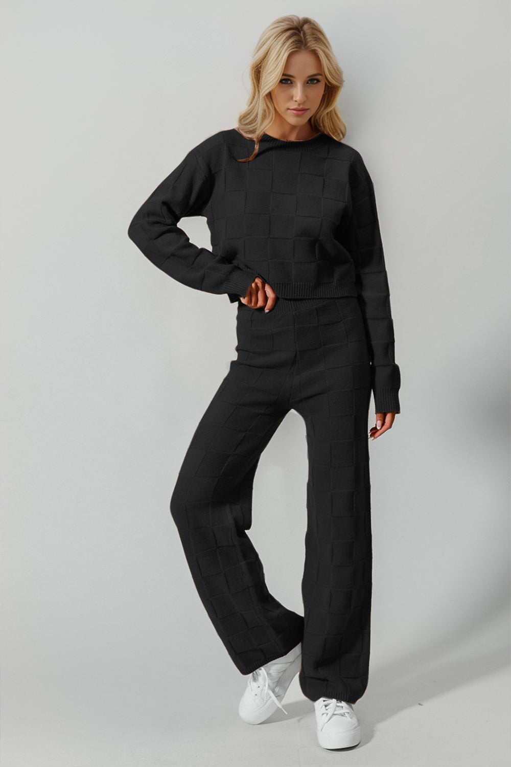 Double Take Full Size Checkered Round Neck Top and Pants Set - MyEmpired