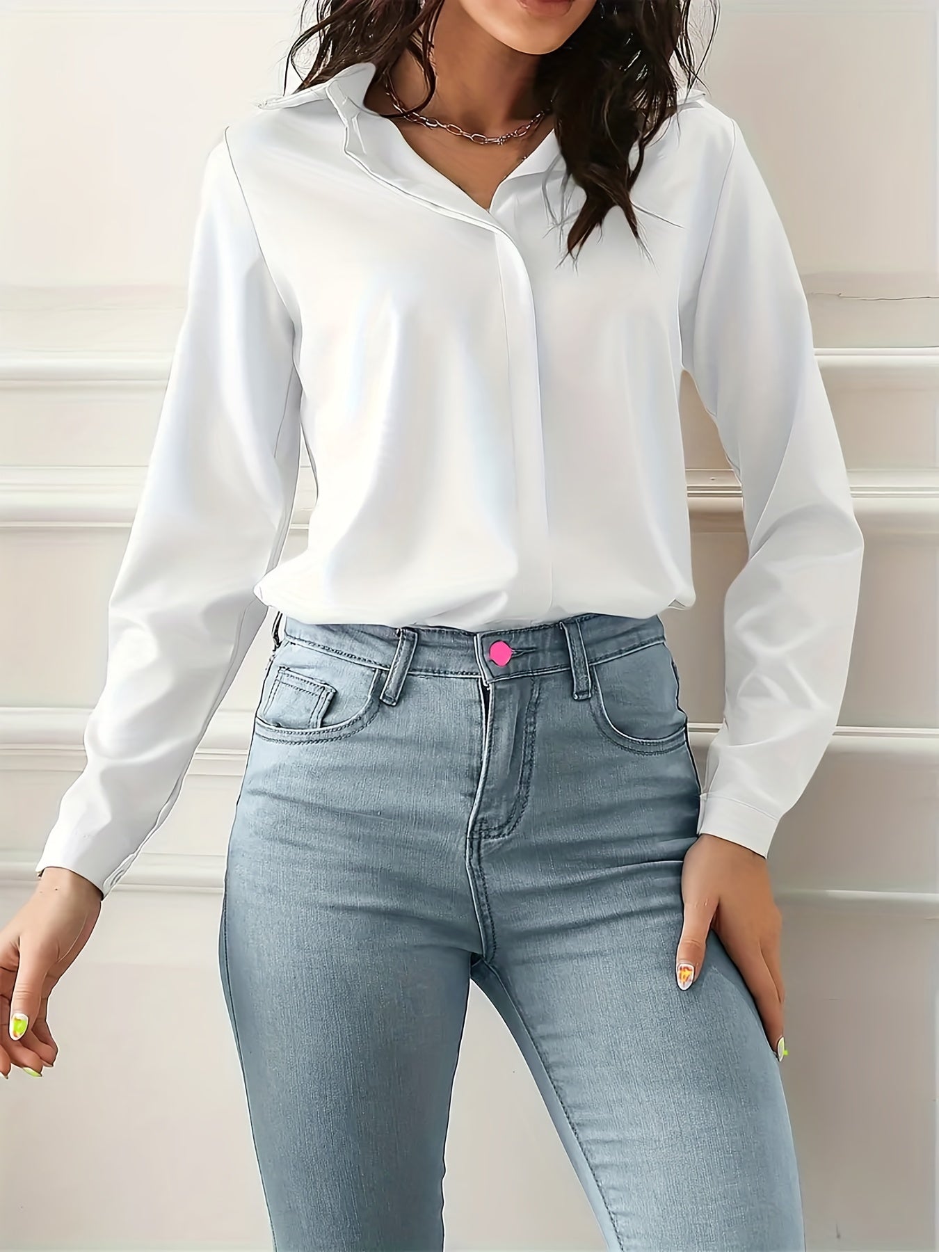 Women's Slim Fit Long Sleeve Shirt, Casual Versatile Lapel Botton Down Sports T-shirt, Women's Activewear