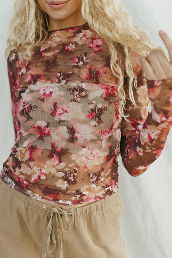 Floral Mock Neck Long Sleeve Sheer Top - MyEmpired