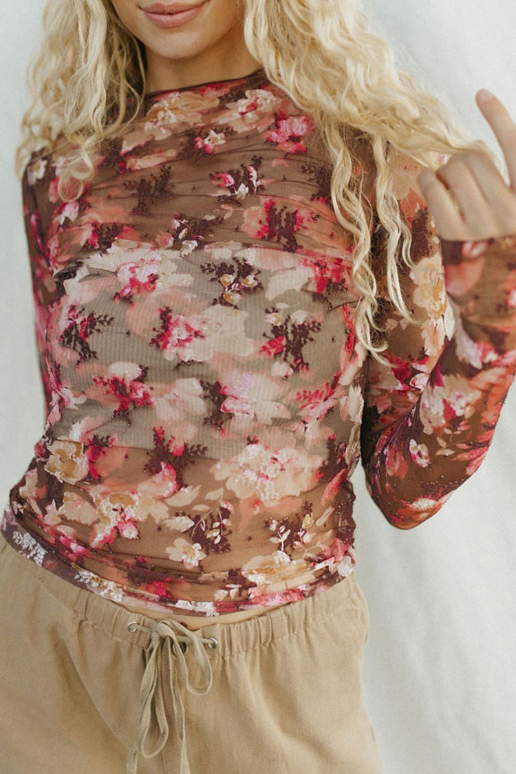 Floral Mock Neck Long Sleeve Sheer Top - MyEmpired