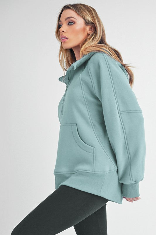 Aemi+Co Half Zip Raglan Sleeve Sweatshirt with Kangaroo Pocket - MyEmpired