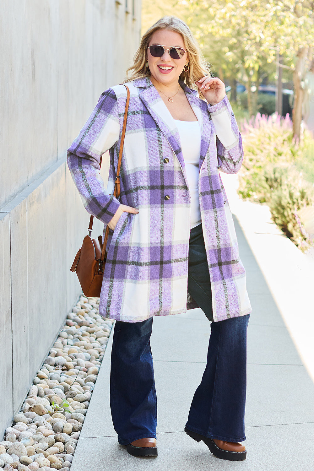 Double Take Full Size Plaid Button Up Lapel Collar Coat - MyEmpired