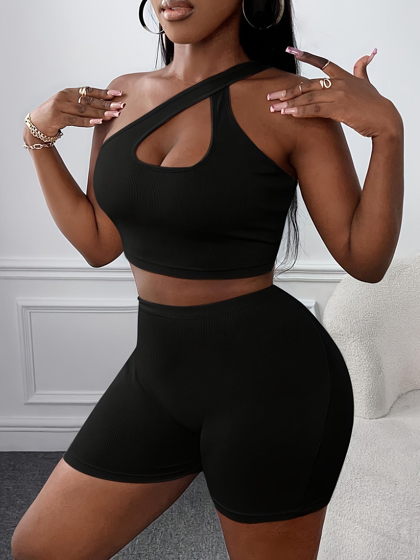 Solid Slim Sexy Shorts Set, One Shoulder Asymmetrical Neck Backless Sleeveless Crop Top & High Waist Skinny Shorts Outfits, Women&