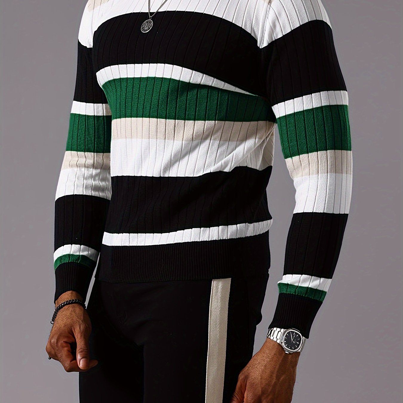 Men's Casual Striped Color Block Long Sleeve Knit Pullover - Round Neck, Machine Washable, Striped, Round Neck, Long Sleeve, Knit Sweater