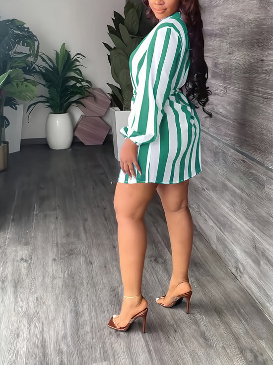 Striped Print Lantern Sleeve Dress, Casual Tie-waist Notch Neck Dress, Women&