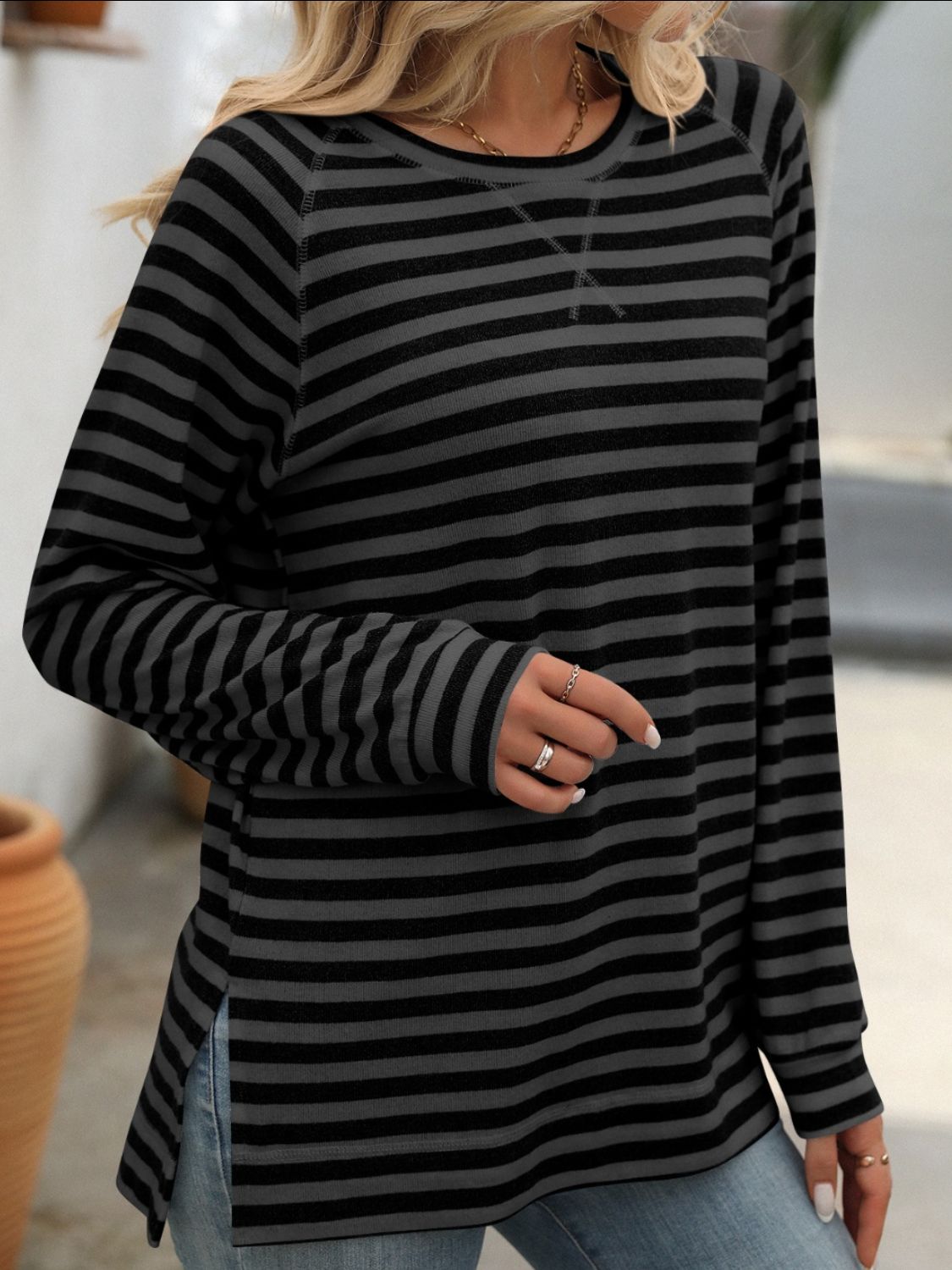 Mandy Striped Round Neck Long Sleeve T-Shirt - MyEmpired