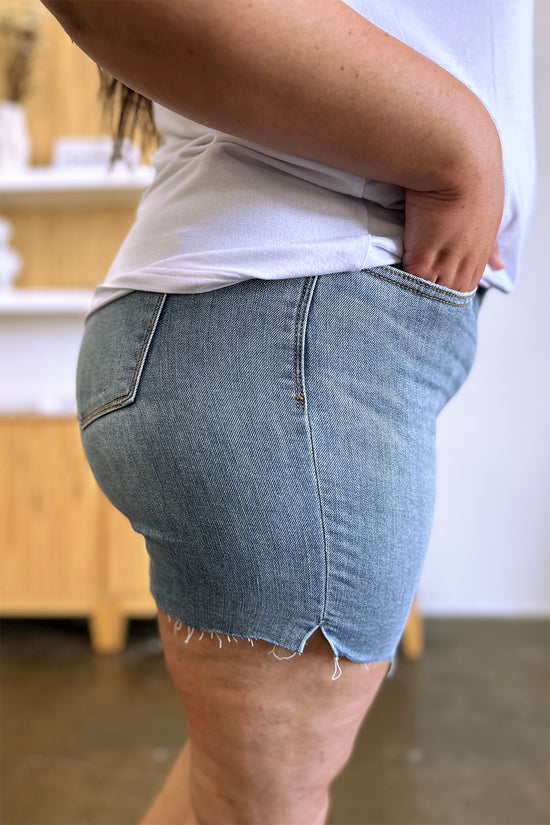 Judy Blue Full Size High Waist Raw Hem Denim Shorts - MyEmpired