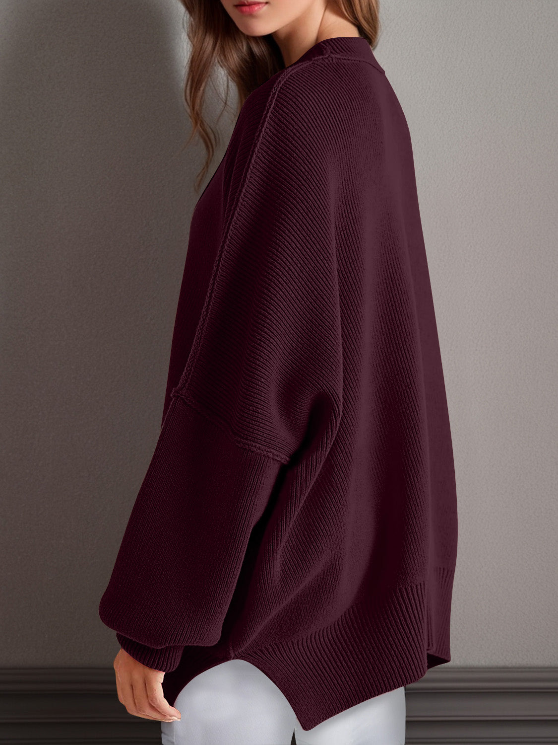 Double Take Side Slit Round Neck Long Sleeve Sweater - MyEmpired
