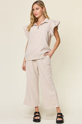 Double Take Texture Ruffle Short Sleeve Top and Drawstring Wide Leg Pants Set - MyEmpired