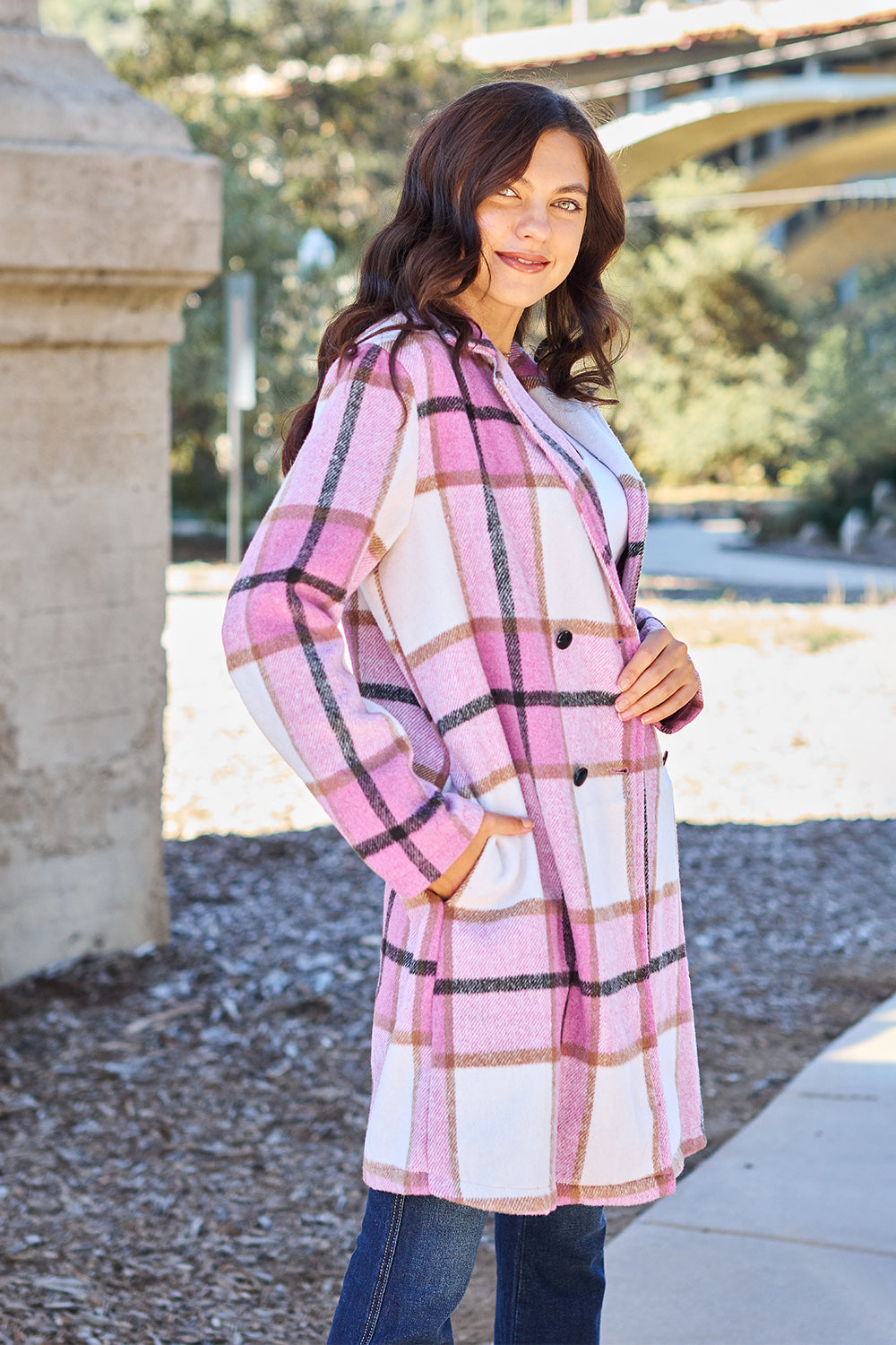 Double Take Full Size Plaid Button Up Lapel Collar Coat - MyEmpired